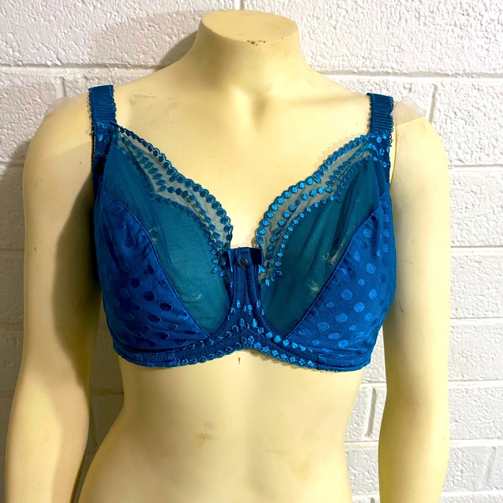 Wacoal 34G Flawed Royal Blue Polka Dot Demi Underwire Lace Bra 34DDDD Sc…